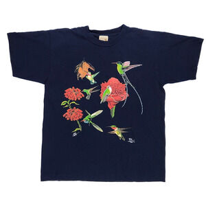 Wild Cotton L Hummingbirds Graphic T-Shirt Navy Vintage Atlas 2000 Single Stitch